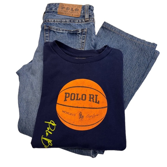 Polo Ralph Lauren Boys Outfit Denim Jeans & Long Sleeve Basketball Tee Size 12 - Picture 1 of 16